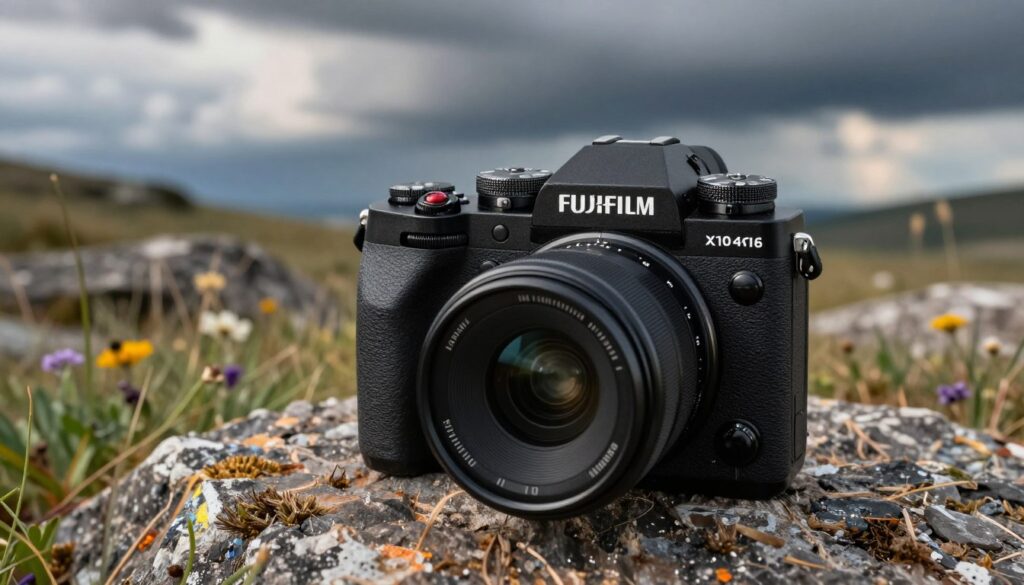 A Fujifilm X-T4 weather-sealed camera sits prominently in the foreground, showcasing its sleek black body, textured grip, and well-arranged controls. The camera is slightly angled to capture its detailed lens and the lens hood. In the middle ground, a rugged outdoor setting unfolds, featuring a rocky terrain with patches of grass and scattered wildflowers, illustrating the harsh environment where this camera excels. The background reveals a dramatic sky, with dark clouds hinting at an impending storm, casting a moody atmosphere. The scene is illuminated by soft, diffused sunlight breaking through the clouds, enhancing the camera's details and creating reflections on its surface. The overall composition evokes a sense of adventure and resilience, perfect for outdoor photography enthusiasts.