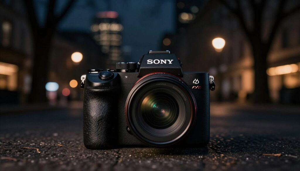 A Sony Alpha 7S III camera is positioned prominently in the foreground, showcasing its sleek design and high-end features, with the iconic logo clearly visible. The camera is equipped with a fast lens ideal for low-light photography, set against a dimly lit urban environment at night. In the middle ground, soft bokeh lights from distant city buildings glow warmly, creating an enchanting backdrop. Shadowy outlines of trees can be seen, adding depth and context. The atmosphere is mysterious and cinematic, reflecting the camera's low-light performance capabilities. The overall mood is one of creativity and inspiration, with a focus on the seamless blend of photography and videography in challenging lighting conditions.