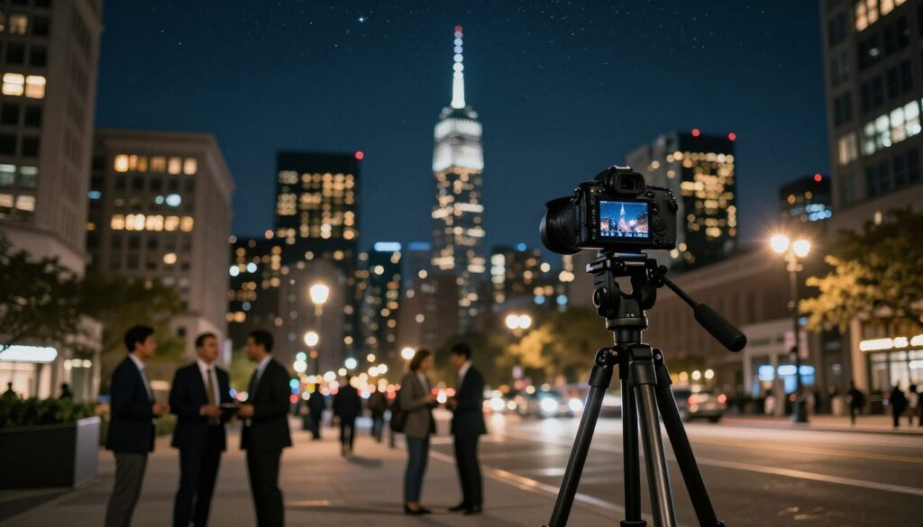A breathtaking full-frame night photography scene showcasing a vibrant city skyline under a clear starry sky. In the foreground, a professional camera on a sturdy tripod captures the illuminated buildings, with soft bokeh from nearby lights. The middle ground features a bustling street with people dressed in professional business attire, engaged in conversations, illuminated by warm street lamps. In the background, a silhouette of tall skyscrapers glimmers against the night sky, accentuated by twinkling stars. The atmosphere is artistic and vibrant, evoking a sense of creativity and professionalism, with a focus on low-light capabilities and the beauty of urban night life. Soft, ambient lighting highlights the details, capturing the essence of high-quality night photography.