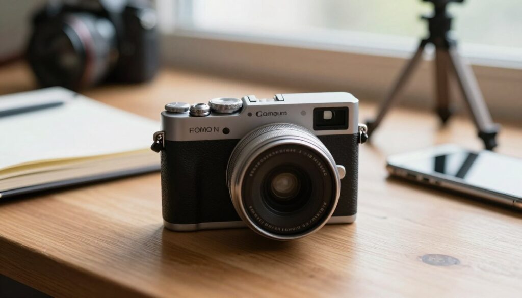 A close-up of a compact budget camera placed on a wooden table, capturing its sleek design and textured grip. The camera features a simple but functional lens, emphasizing its user-friendly features for hobbyists. In the background, softly blurred, are tools of photography like a notebook, a smartphone, and a small tripod, hinting at a creative workspace. The lighting is warm and natural, coming from a nearby window, creating a cozy and inviting atmosphere. The overall mood is inspirational, encouraging photography enthusiasts to explore their passion. The angle focuses on the camera's details, showcasing its affordability and accessibility for those on a budget. The scene is devoid of any human presence, keeping the focus solely on the camera and accessories.