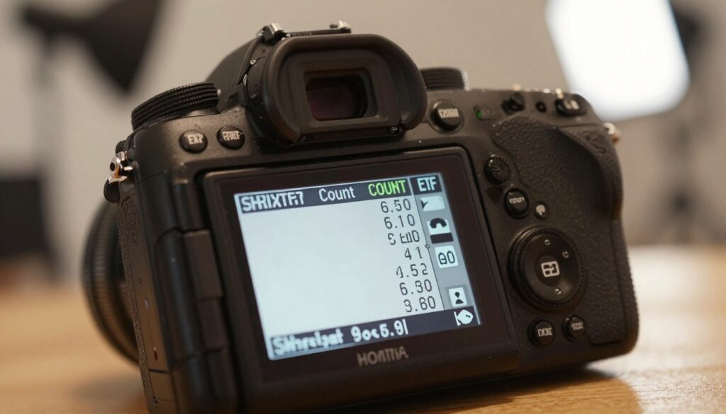 A close-up of a digital camera LCD screen displaying detailed EXIF data, focusing on the shutter count information. The foreground highlights the camera's sleek body, with metal and plastic textures visible. In the middle, the screen glows softly, illuminating the numbers and statistics about the shutter count in a clear, legible format. The background features a blurred photography studio setup with soft lighting, creating a professional atmosphere. The scene is well-lit with warm tones, enhancing the focus on the camera and its data. Use a shallow depth of field to emphasize the camera's details, making the image inviting yet informative, suitable for a technical article on camera maintenance.