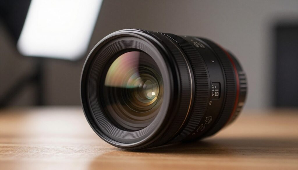 A close-up of a high-quality camera lens placed on a sleek wooden surface, showcasing the intricate details of the glass elements and metallic body. Reflected light glimmers off the lens surface, highlighting its precision and craftsmanship. The background features a softly blurred studio environment with abstract shapes of light, creating a sense of depth and professionalism. The lighting is warm and inviting, emphasizing the lens's clarity and sharpness while casting gentle shadows that add dimension. The atmosphere conveys a sense of seriousness and professionalism, reflecting the importance of lens quality in photography, with no additional elements or text in the image.