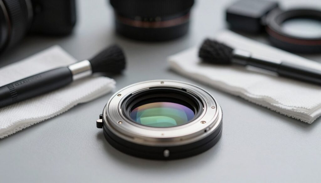 A close-up view of a clean camera sensor, showcasing its fine details and surface textures. The camera sensor is centered in the foreground, glistening under soft, diffused lighting that highlights its pristine condition. Surrounding the sensor are delicate cleaning tools like a blower, a brush, and microfiber cloths, arranged neatly to suggest a meticulous cleaning process. In the background, there’s a blurred workbench adorned with scattered camera parts, hinting at a professional atmosphere. The overall mood is calm and focused, evoking a sense of careful precision as one checks the sensor for dirt. The image is shot at a slight angle to emphasize the depth of field, ensuring clarity on the sensor while keeping the background subtly out of focus.