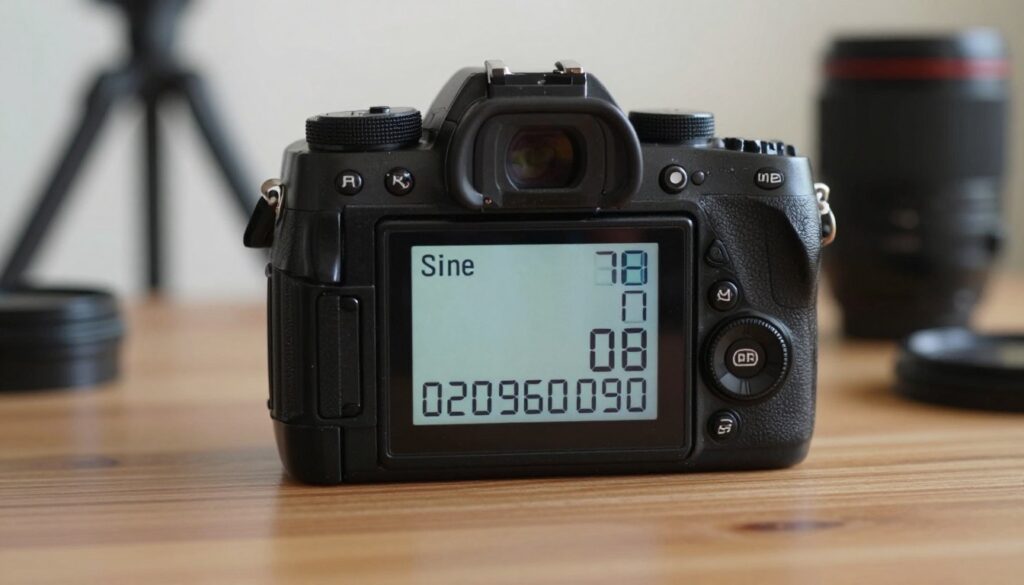 A close-up view of a digital camera displaying its shutter count on the LCD screen, prominently featuring the numbers in sharp focus. The camera is positioned on a wooden table, with soft, natural light illuminating its sleek design, creating gentle reflections on the surface. In the background, blurred photography equipment like a tripod and lens are softly out of focus, adding depth while emphasizing the idea of camera maintenance. The overall atmosphere conveys a sense of importance and professionalism, suggesting the need for regular checks and maintenance. The camera's textured grip and intricate details should be visible, inviting the viewer to consider the significance of shutter count in relation to camera longevity.