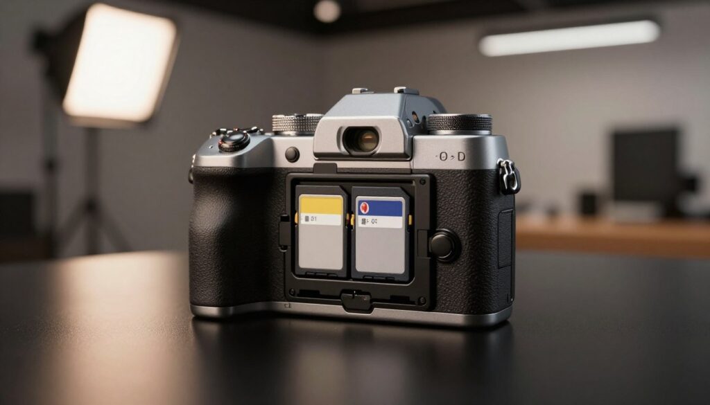 A close-up view of a high-end hybrid camera showcasing dual card slots prominently, positioned on a sleek black surface. The foreground features the camera's detailed body texture, emphasizing metallic shades and ergonomic design. The two card slots are open, revealing SD cards partially inserted, highlighting their practicality for photographers and videographers. In the middle ground, a softly blurred backdrop of a modern photography studio with soft lighting creates a professional atmosphere. The lighting is warm and inviting, casting gentle reflections on the camera. The overall mood is focused and sophisticated, reflecting the dual capabilities of the camera, suited for both photo and video demands.