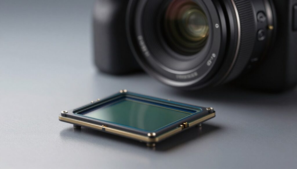 A close-up view of a high-quality camera sensor, showcasing its intricate details and textures. The foreground features the sensor isolated on a smooth, reflective surface, with fine electronic components and a glossy finish that highlights its professional design. In the middle ground, there's a softly blurred lens that suggests a professional camera setup, with hints of metallic parts and intricate engineering. The background is a neutral gradient, which adds depth without distraction. Soft, diffused lighting illuminates the sensor, creating gentle reflections and shadows that emphasize its features, conveying a mood of precision and sophistication. The angle is slightly tilted downwards, capturing the sensor's depth and complexity, inviting viewers to appreciate the technology behind high-performance cameras.