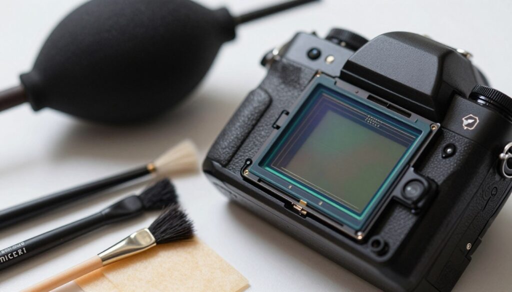 A close-up view of a high-resolution camera sensor, showcasing intricate details such as micro-lenses and pixel structures. The foreground features essential cleaning tools like a soft brush, sensor cleaning swabs, and a blower, arranged neatly beside the sensor. The middle ground focuses on the camera body, displaying the sensor's compartment opened, emphasizing its delicate nature. The background is softly blurred to highlight the tools and sensor, with gentle, diffused lighting that creates an inviting atmosphere. The angle is slightly above the sensor, providing a bird's-eye view. The overall mood conveys precision and care, illustrating the importance of safe cleaning practices.