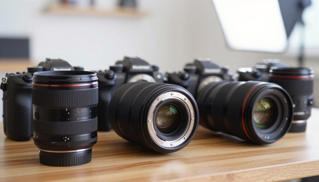 A close-up view of various lens types compatible with mirrorless cameras, elegantly arranged on a smooth wooden surface. The foreground features a high-quality lens with a metallic finish and intricate details, showcasing its mount and glass elements. In the middle, a selection of different mirrorless camera bodies displays their respective mounts, emphasizing the diversity of lens compatibility within the ecosystem. The background softly blurs out a well-lit photography studio with bright, diffused lighting that highlights the equipment and creates a professional atmosphere. The overall mood is informative and engaging, perfect for illustrating the concept of lens compatibility in camera systems.