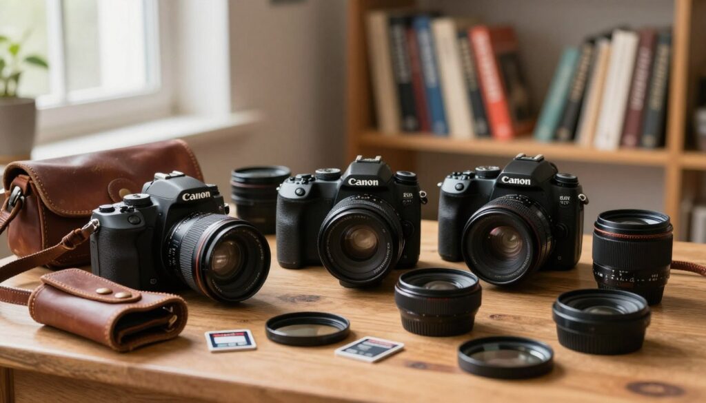 A collection of used DSLR camera gear displayed on a wooden table, featuring a well-worn Canon EOS camera body, a 50mm lens, and a variety of filters and accessories arranged neatly. In the foreground, a vintage leather camera bag adds character, while scattered memory cards and a cleaning kit hint at everyday photography use. The middle ground features a blurred backdrop of books about photography techniques on a shelf, softly illuminated by warm, natural light streaming through a nearby window. The atmosphere conveys nostalgia, showcasing the reliability and value of used gear for budding photographers, emphasizing rich textures and earthy tones. No people are visible, creating a serene and focused composition.