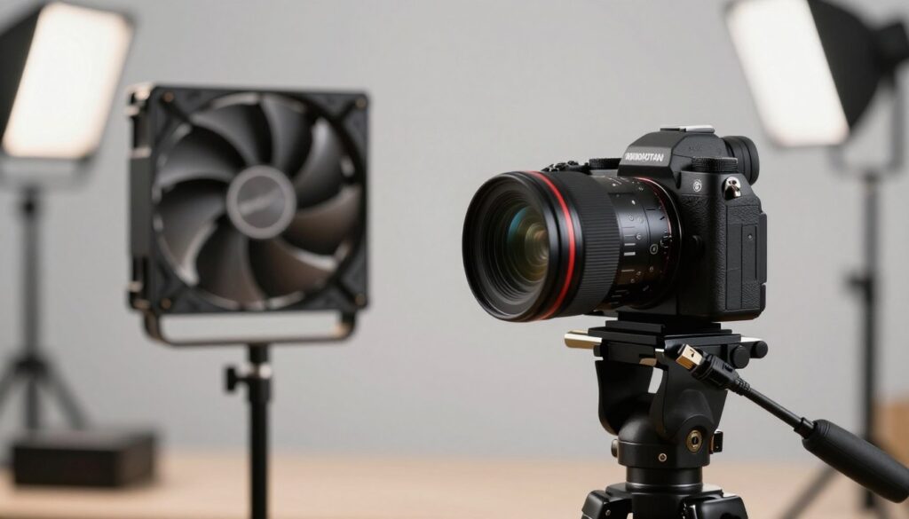 A detailed image of a professional setup for using external cooling fans to prevent overheating in a mirrorless camera while recording 4K video. In the foreground, showcase a sleek, modern mirrorless camera mounted on a sturdy tripod with visible HDMI and USB connections. The middle ground features a high-performance cooling fan positioned strategically next to the camera, with its blades in motion, gently blowing air towards the camera body. In the background, subtly include a well-lit recording environment, with soft, diffused lighting from overhead lights, creating a calm and focused atmosphere. Use a sharp focus on the camera and fan, with a slight blur in the background, to emphasize the subject. The overall mood should convey professionalism and innovation in videography.