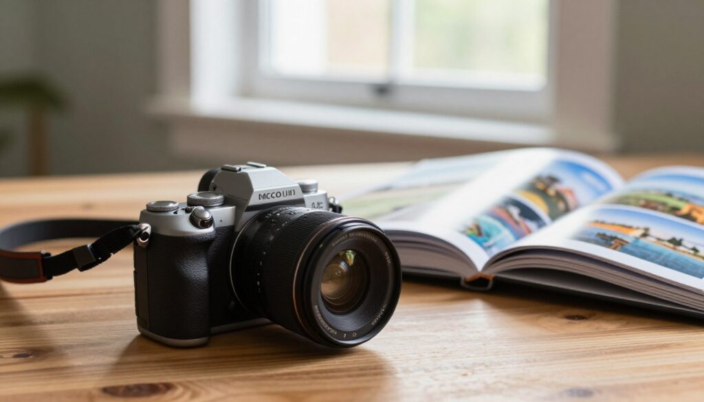 A detailed still life composition showcasing a Micro Four Thirds camera system, elegantly placed on a wooden table. The camera, with a sleek, compact lens, is positioned in the foreground, highlighting its size and build. To the side, an open travel photo book displays vibrant images, capturing the essence of travel photography. In the middle ground, a gently blurred backdrop features a bright, well-lit window with soft natural light streaming through, casting a warm glow on the scene. The atmosphere is inspiring and inviting, suggesting creativity and exploration in travel photography. Emphasize a crisp focus on the camera and its features, with shallow depth of field to enhance the overall professional quality.