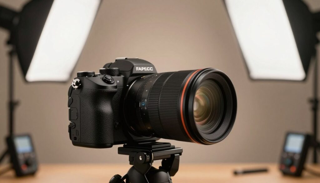 A detailed view of an APS-C camera on a professional photography setup. In the foreground, the camera is positioned sharply, showcasing its sleek design and textured grip, resting on a sturdy tripod. The middle ground highlights a high-quality lens attached to the camera, emphasizing elements like the aperture rings and focus mechanism. The background features a softly blurred photography studio environment with softboxes casting diffused lighting, creating a warm and inviting atmosphere. The image should convey a sense of professionalism and creativity, showcasing the precision of the camera. Include subtle hints of photographic gear, like light meters and reflectors, to enhance the context. The overall mood should be inspiring, aimed at serious photographers evaluating their equipment choices.