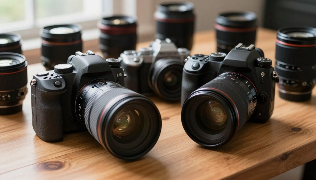 A detailed visual comparison of DSLR and mirrorless camera lenses arranged artistically on a wooden table. In the foreground, display a high-quality DSLR lens with distinct features, such as a larger mount and intricate focus rings, next to a sleek mirrorless lens with a compact design. In the middle ground, include an open camera body for both systems, demonstrating compatibility, with the DSLR body prominently featuring its mirror mechanism. In the background, softly blurred, showcase various lenses from different manufacturers, hinting at diverse ecosystems. Warm, natural lighting streams from a window, casting gentle shadows, creating an inviting and informative atmosphere. The scene invites viewers to explore lens compatibility and ecosystems, bridging traditional photography with modern technology.