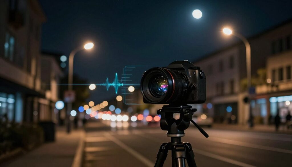 A dimly lit urban night scene showcasing a modern camera setup on a small tripod, capturing a cityscape shrouded in the glow of street lamps. In the foreground, the camera's lens glistens, reflecting tiny flecks of color from the ambient light. The middle ground features a vibrant but slightly blurred view of illuminated buildings and nightlife, suggesting movement. In the background, a starry sky with a slight glow of the moon enhances the low-light environment. The atmosphere is serene yet dynamic, showcasing the potential of AI noise reduction technology. Subtle digital overlays represent AI functionality, such as waveforms or light patterns, enhancing the impression of image quality improvement. The setting embodies creativity and technological advancement without any textual distractions.