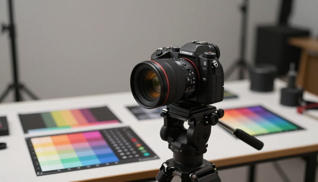 A focused arrangement showcasing an iso invariant camera in a professional setting. In the foreground, the camera is mounted on a sturdy tripod, set against a neutral backdrop to emphasize its features. The middle ground captures an array of test charts and color gradients on a table, demonstrating dynamic range testing. Soft, diffused lighting illuminates the scene, creating subtle reflections on the camera's surface and highlighting its sleek design. The background is a blurred photography studio, hinting at various gear and accessories, conveying a sense of a working environment. The mood is analytical and professional, inviting viewers to explore the technical aspects of photography and image quality.
