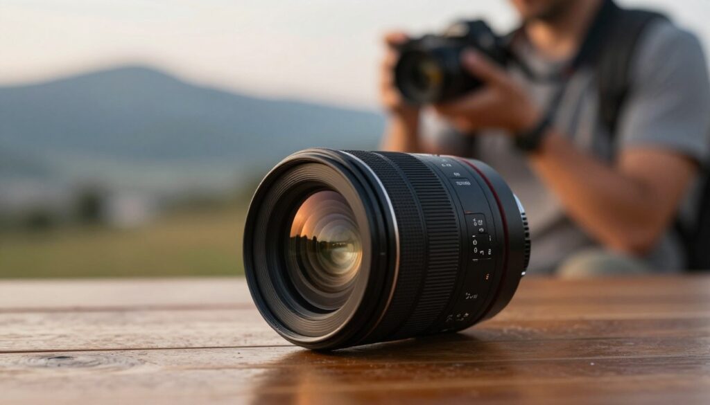 A high-quality macro shot of a Micro Four Thirds lens positioned prominently in the foreground, showcasing its intricate details, including the glass elements and focusing ring. The lens should be placed on a polished wooden table, reflecting ambient light, with subtle reflections enhancing its sleek design. In the background, a softly blurred travel scene emerges, featuring a scenic landscape with mountains and a traveler holding a camera, illustrating its practical use for travel photography. The lighting should be natural, with warm hues suggesting a late afternoon atmosphere, creating a sense of adventure and discovery. The overall composition should evoke professionalism and an appreciation for travel photography, highlighting the lens as an essential tool for capturing unforgettable experiences.