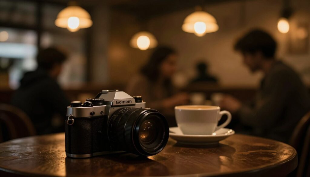 A mesmerizing low-light photography scene inside a dimly lit café, featuring a camera placed on a table with its lens aimed towards a softly illuminated coffee cup. In the foreground, details of the camera's buttons and textures are captured sharply, highlighting its advanced features. The blurred background reveals patrons engaged in conversation, with warm, golden ambient lighting emanating from vintage pendant lamps. The atmosphere is cozy and intimate, evoking a sense of nostalgia. Utilize a shallow depth of field to contrast the camera's fine details against the soft bokeh of the light sources, emphasizing its low-light performance capabilities. The angle should be slightly above eye-level, providing a captivating perspective of the scene.