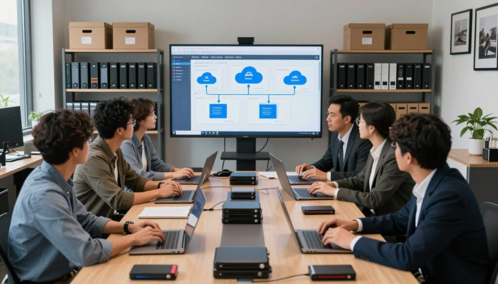 A modern office environment focused on managing storage for high-resolution image files. In the foreground, a diverse group of professionals in smart casual clothing are engaged in a discussion around a conference table cluttered with external hard drives, sleek laptops, and digital storage devices. In the middle ground, a large digital screen displays a visual data workflow, highlighting cloud storage options and file organization strategies. The background features shelves lined with neatly labeled boxes of physical storage media and framed photography prints, suggesting a balance between digital and physical assets. Soft, natural lighting filters through large windows, creating a focused yet collaborative atmosphere. The camera angle is slightly overhead, capturing the group dynamics and the technology's intricate details, emphasizing the workflow demands of professional photography.