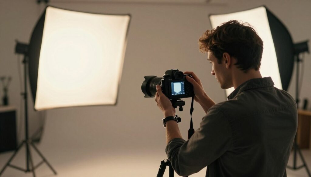 A photography studio scene illustrating common pitfalls of pushing exposure. In the foreground, a professional photographer, dressed in smart casual attire, adjusts the settings on a DSLR camera, focusing intently on the display screen, which shows incorrectly exposed images – some overexposed and others too dark. In the middle ground, various photographic equipment, including tripods and light reflectors, are scattered around, hinting at the complexities of proper exposure techniques. The background consists of a large controlled lighting setup with softboxes casting a warm glow, creating a mood of concentration and learning. The scene is well-composed, emphasizing the importance of lighting and exposure in photography. The atmosphere feels educational and immersive, suitable for those looking to enhance their understanding of dynamic range in photography.