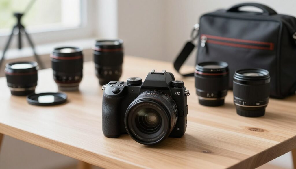 A professional mirrorless camera with interchangeable lenses, prominently featured in the foreground, resting on a clean, minimalist wooden table. The camera is sleek, showcasing its high-quality build and multiple lenses laid out beside it, demonstrating the versatility of the lens ecosystem. In the middle ground, blurred images of various camera accessories such as filters, a tripod, and a stylish camera bag create a dynamic, engaging atmosphere. The background features soft, natural lighting filtering through a window, enhancing the scene's warmth and inviting a sense of exploration in photography. The overall mood is inspiring and educational, perfect for beginners eager to navigate the world of mirrorless cameras.