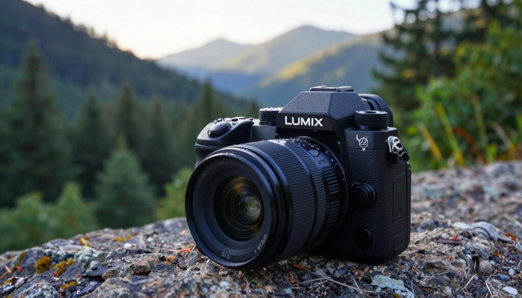 A rugged Panasonic Lumix S5 camera, prominently displayed in the foreground, showcasing its sleek design and weather-sealed features. The camera is positioned on a rocky outdoor surface with dewdrops glistening, emphasizing its durability. In the middle ground, a lush green forest and dramatic mountain backdrop suggest an adventurous outdoor setting. The lighting is soft yet dynamic, capturing the early morning light filtering through trees, highlighting the camera's textured body and buttons. The scene conveys a sense of reliability and resilience, perfect for outdoor photography. The angle is slightly low, giving the Lumix S5 an imposing presence, while the composition suggests a connection between the camera and the vast, dependable landscape around it.