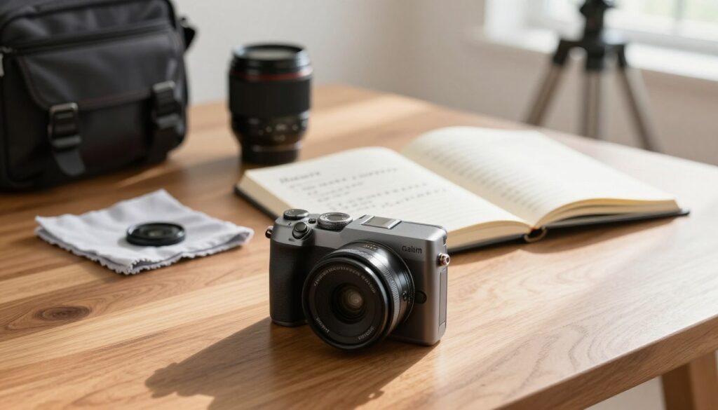 A sleek, modern budget mirrorless camera sits prominently in the foreground on a smooth, wooden table. The camera features a compact design with a versatile zoom lens and a digital display panel. In the middle ground, an open notebook with neatly written notes on photography tips and budgeting lays beside a lens cleaning cloth. Soft, diffused natural light streams in from a nearby window, creating gentle shadows and a warm atmosphere, perfect for a cozy workspace. In the background, a subtle arrangement of camera accessories like a camera bag and a simple tripod evoke a sense of professionalism without being overwhelming. The overall mood is inviting and educational, making it ideal for a first-time buyer's guide.