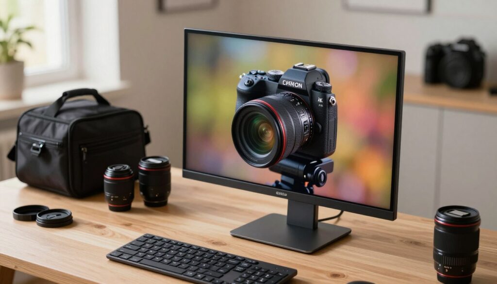 A sleek, modern external monitor positioned prominently on a sturdy work desk, displaying vibrant 4K video footage of a mirrorless camera in action. In the foreground, include detailed textures of the monitor's screen and a clean keyboard with essential camera control settings illuminated. The middle ground features a well-organized workspace with a camera bag and lens caps stylishly arranged, indicating a professional setup. In the background, softly blurred, add subtle hints of a home studio environment with warm, natural light streaming through a window, creating a cozy yet focused atmosphere. Capture the image from a slightly elevated angle, emphasizing the monitor's clarity and the overall professionalism of the workspace, without any human subjects.