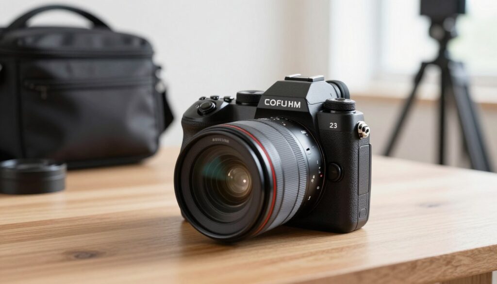 A sleek, modern mirrorless camera prominently featured in the foreground, showcasing a high-resolution lens with a smooth, ergonomic design. The camera is elegantly positioned on a clean, wooden table, with a soft-focus background of a bright, airy photography studio filled with natural light. The reflection of the camera's lens shines subtly, enhancing its sophisticated look. Nearby, a stylish camera bag and a tripod hint at a dynamic photography setup. The atmosphere is warm and inviting, evoking a sense of creativity and exploration in beginner photography. The lighting is soft and diffused, casting gentle shadows that accentuate the camera's features. A subtle bokeh effect in the background adds depth, focusing attention on the miracle of mirrorless technology.