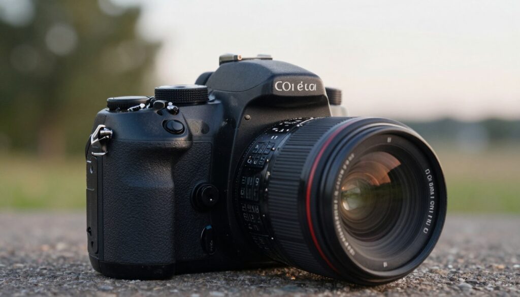 A well-used DSLR camera sits prominently in the foreground, showcasing its weathered body and intricate details like dials and buttons, reflecting its reliability and character. Soft natural light highlights the textures, emphasizing flaws and wear that tell a story of countless captures, while a shallow depth of field softly blurs the background, which features scenic elements like trees and a soft horizon to suggest outdoor adventures. The mood is one of nostalgia and practicality, conveying a sense of contentment and loyalty to current gear. The camera is slightly angled to invite the viewer's gaze, with a gentle bokeh effect enhancing the focus on its features, inviting contemplation on the merits of holding onto familiar equipment.