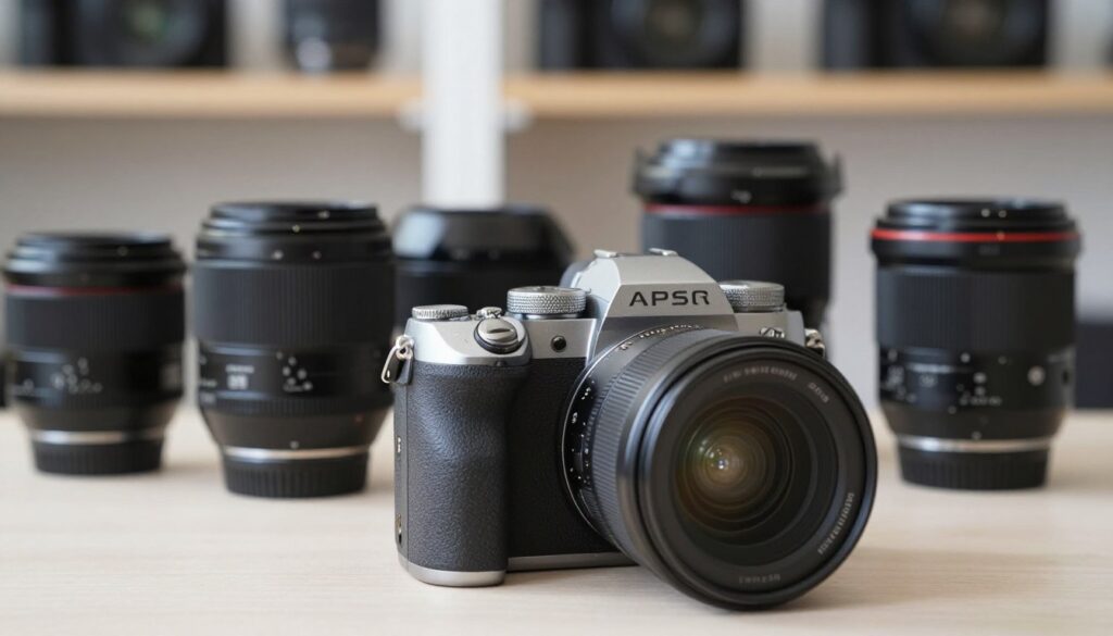 Close-up of a high-quality APS-C camera with a versatile lens, positioned prominently in the foreground on a clean, minimalistic surface. The camera is detailed, showcasing its sleek design, buttons, and textured grips, with light reflecting off the metallic components. In the middle ground, a variety of lenses compatible with APS-C sensors are artistically arranged, emphasizing their differences in size and construction, with a focus on their mount compatibility. The background features soft, blurred photography gear shelves, creating a sense of depth and context without distraction. The lighting is bright and even, casting gentle shadows to enhance the camera’s features, conveying a professional and focused atmosphere. The overall mood is informative and sophisticated, perfect for understanding the ecosystems surrounding APS-C cameras.